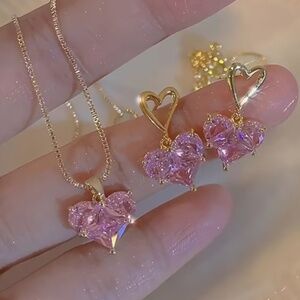 🎁 Pink Heart Jewelry Set – Luxury Y2K Gold-Plated Necklace and Earrings, Romant